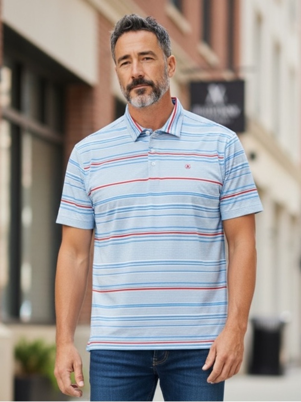 Antigua Striped Performance Golf Polo Men’s Large Blue Red Stretch